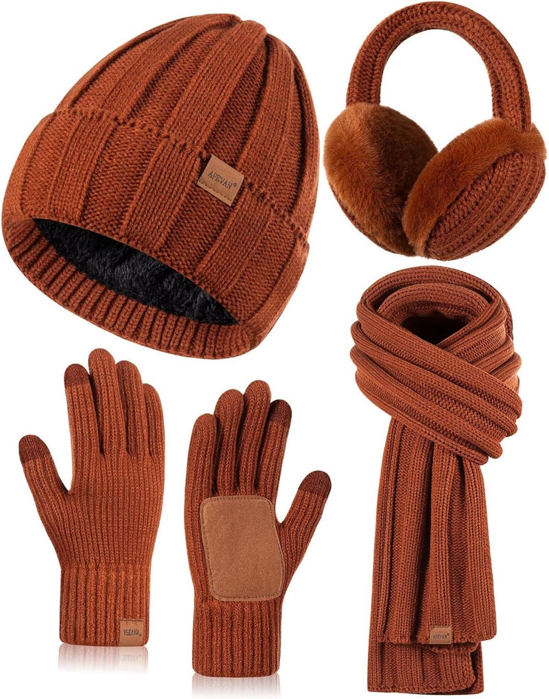 APEVAN Winter Hat Gloves Scarf Earmuffs Set for Women, Fleece Lined Beanie Long Scarf Touchscreen Gloves Ear Warmer, 4 in 1 Gift Set - Image 1